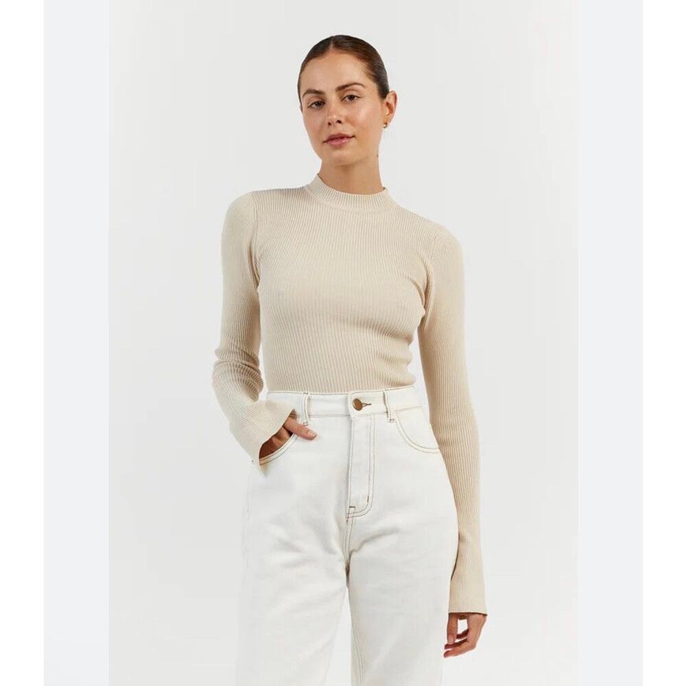 DISSH Donna Ribbed Long Sleeve Mock Neck Top Cream Beige Small